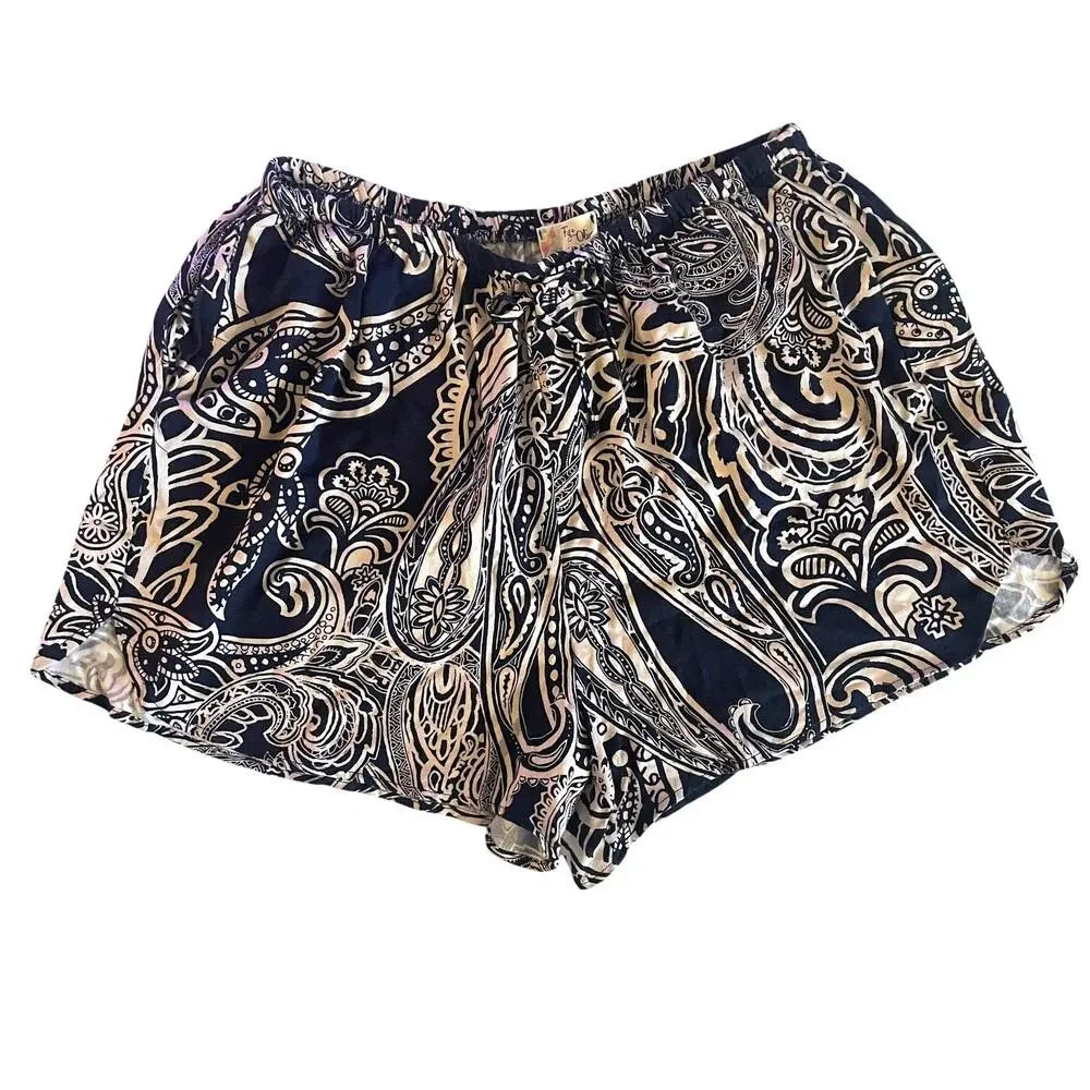 Fig & Olivia Paisley High Waisted Shorts Womens Size 3X Navy Pull On Boho